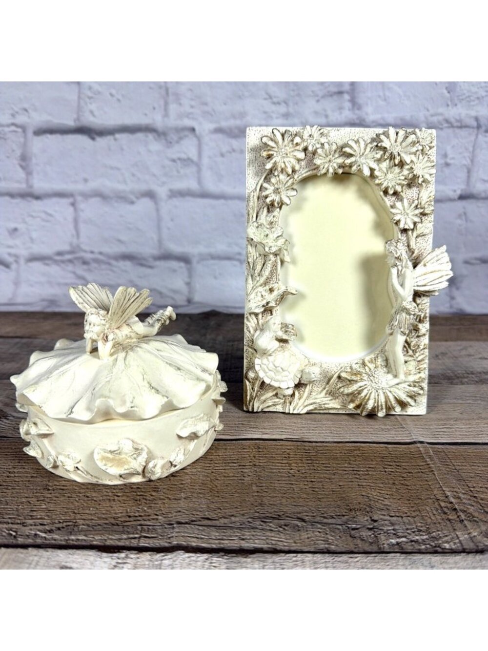 VTG 1990s Fairy Daisy 3D Ivory Resin Set Picture Photo Frame Lidded Trinket Box - Picture 12 of 15
